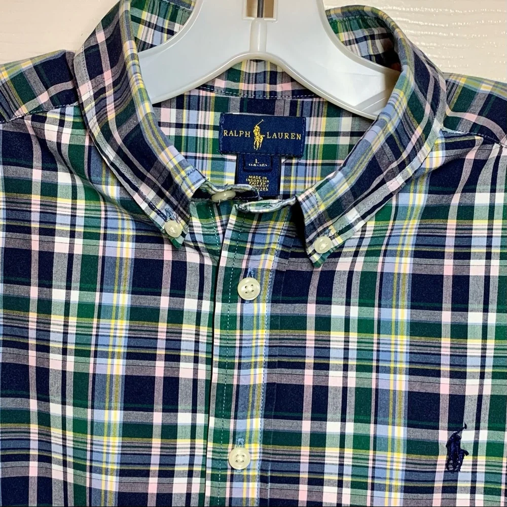 Ralph Lauren Boy’s Large(14-16) Navy Plaid Button Down Collar Shirt, Lik…